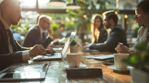 Un groupe de professionnels est assis de chaque côté d'une table, se regardant, suggérant une communication entre paires ou groupes. Les visages sont flous, ce qui permet de préserver la confidentialité des sujets.