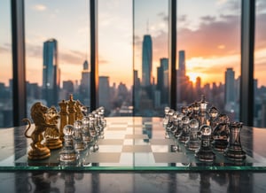 A cinematic shot of a glass and gold chessboard on a marble table against a sunset city skyline, symbolizing global financial strategy and Alpha generation for the Principal Finisterre 2026 Emerging Market Debt Outlook.